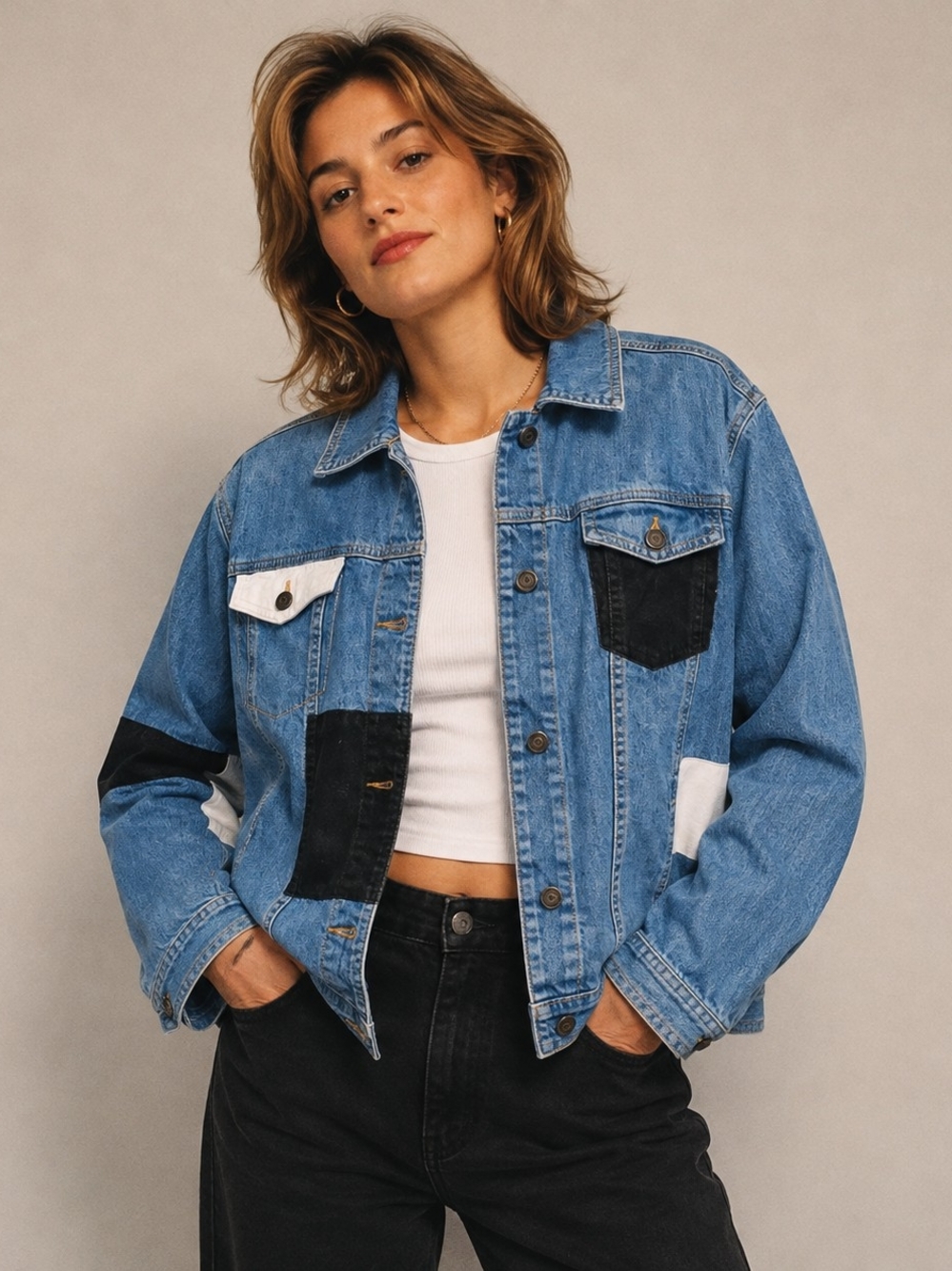 OOAK Custom Upcycled Eddie Bauer Denim Jacket XL Patchwork 90s Colorblock